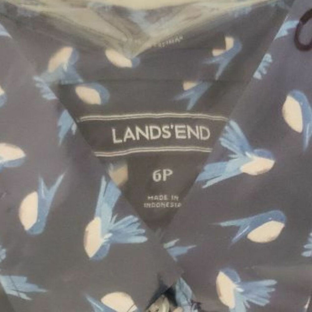 Lands End Button-Down Shirt Blue Supima & White Bird Print Long Sleeve 6P - Picture 4 of 9